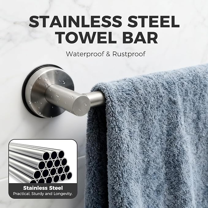 Adjustable Suction Cup Towel Bar for Bathroom Wall,14.6Inch~24 Inch Towel Racks for Bathroom,Stainless Steel Bath Towel Holder for Shower(Brushed Silver)