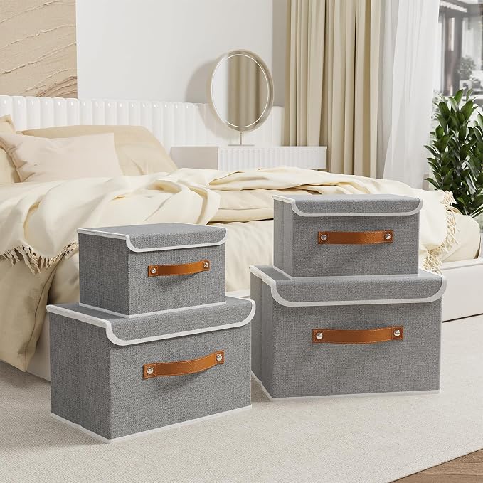 OUTBROS Storage Boxes, Bins with Lids, 10.2x7.9x6.7 in, Grey | Cotton and linen cloth Storage Baskets with Handle, for Books, Closet, Bedroom, Home