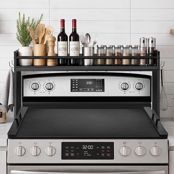 Spice Rack Shelf for Kitchen Stove, Over The Stove Shelf with 4 Hooks, Premium Wood & Metal Commbined Spice Rack Organizer Extra Storage Countertop (Black)