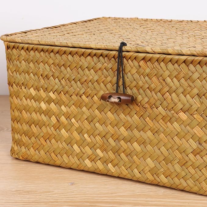FEIALNDUO Wicker Shelf Baskets with Lid,Seagrass Storage Basket Bins Rectangular Handwoven Basket Boxes for Shelves Desktop Home Organizer (Natural, Large)