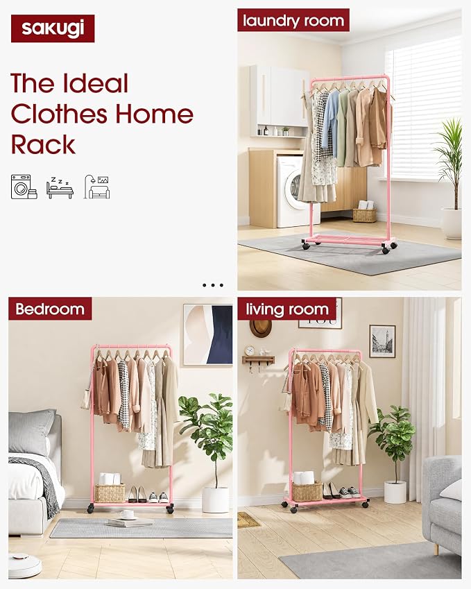 Sakugi Clothes Rack - Clothing Rack with Storage Mesh Shelf & Casters, Heavy-Duty Metal Clothing Rack for Hanging Clothes, Dresses, Coats, Large Load Capacity, Easy Assembly, Pink, 28.0"x16.9"x59.0"