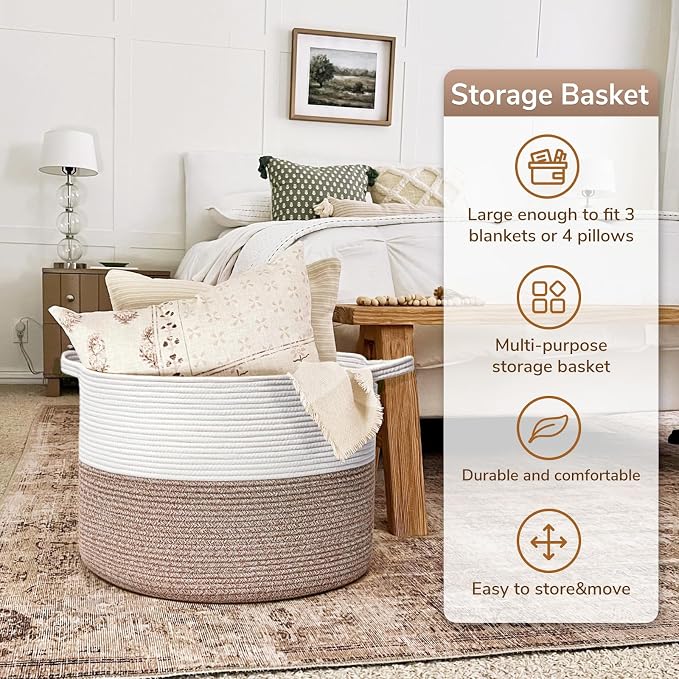 Goodpick Large Woven Blanket Basket Living Room & Playroom, 85L | 21.7 x 21.7 x 13.8 In Woven Basket for Storage, Kids Toy Storage for Playroom, Laundry Basket for Towels, Mele