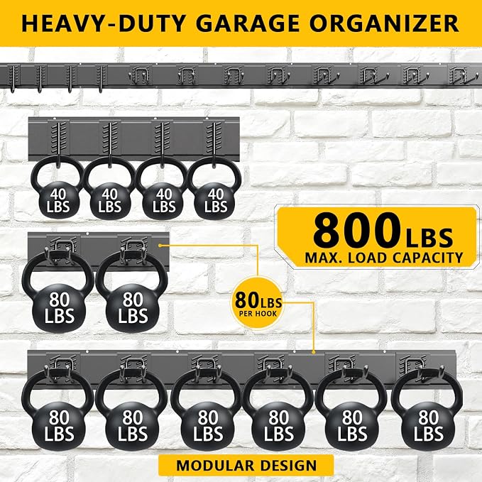 Garage Tool Organizer Wall Mount, 64inch Heavy-Duty Garage Storage System and Garden Tool Organizer with 12 Adjustable Hooks for Shovel, Snowboard, Yard Tools and Shed
