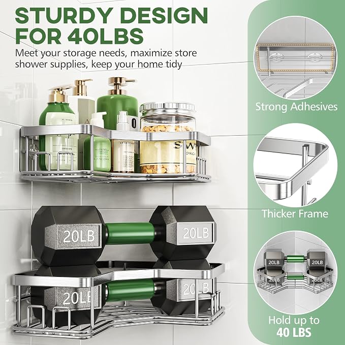 MAXIFFE 3 Pack X-Large Corner Shower Caddy with Soap Holder, Large Capacity Sturdy Easy Install No Drilling Stainless Steel Hold 40 LB Shower Organizer Shelves Rack for Family Renters Bathroom, Silver