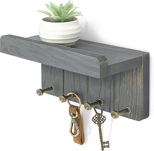 Rebee Vision Key Holder Wall Mount with 4 Hooks for Room Decor, Royal Blue | Pine Wood, Key Holder for Wall, Mail Sorter, Floating Shelf, Sunglasses Hanging, Key Hanger, Home Organization Essentials