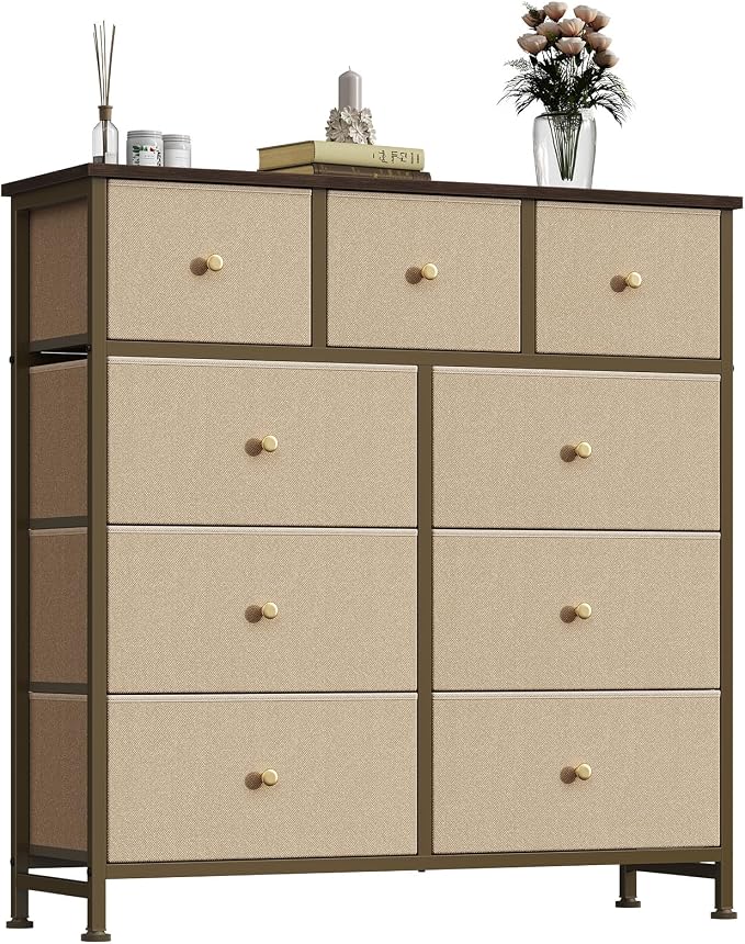 OLIXIS 9 Drawer Tall Dresser for Bedroom, Closet Organizers and Storage | Fabric Dresser with Wooden Top, Chest of Drawers for Clothes Storage, Tower Cabinet, Furniture, TV Stand, Khaki