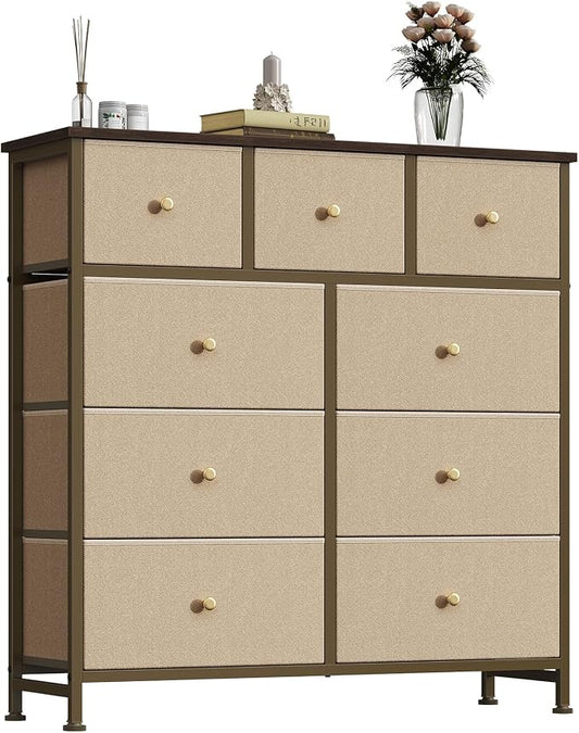 OLIXIS 9 Drawer Tall Dresser for Bedroom, Closet Organizers and Storage | Fabric Dresser with Wooden Top, Chest of Drawers for Clothes Storage, Tower Cabinet, Furniture, TV Stand, Khaki