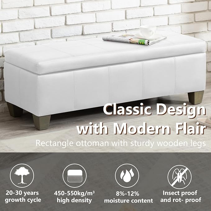 51 Inch Storage Ottoman, Storage Bench with Safety Hinge, Upholstered Synthetic Leather Ottoman Bench for Bedroom, Living Room, Entryway, Hallway, Foot Rest, Support 500lbs