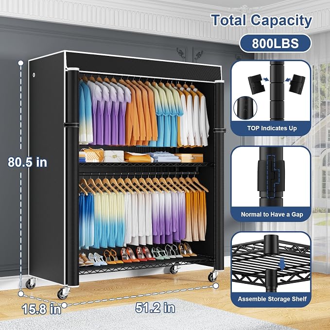 ULIFHOME P8C Max Heavy Duty Clothes Rack（With Extended Width Design） Rolling Clothing Racks for Hanging Clothes with Lockable Wheels，51.2"W x 15.8"D x 80.5"H，Load 800LBS，Black Rack with Black Cover
