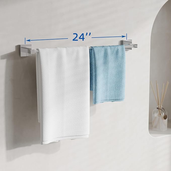 RUACQ Towel Bar 24" Towel Racks for Bathroom Wall Mounted, Chrome | One-Piece Bath Towel Holder, Total Length 26 Inch Single Towel Rod, 304 Stainless Steel Rustproof, Square Base, Heavy Duty