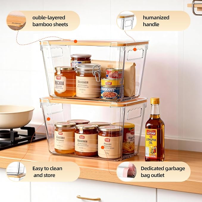 2 Pack Pantry Storage Containers for Onions, Potatoes and Trash Bags | Clear Design for Easy Access, Premium Bamboo Lid, Multi-Functional & Stackable Storage