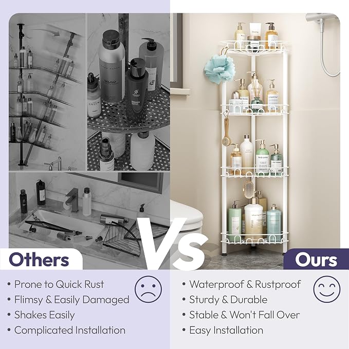SWTYMIKI Standing Shower Caddy Corner - 4‑Tier Stainless Steel Shower Organizer Shelf with 16 Hooks and Adhesive Pads, Rustproof Corner Shelves Stand Rack for Bathroom Shower Room, white