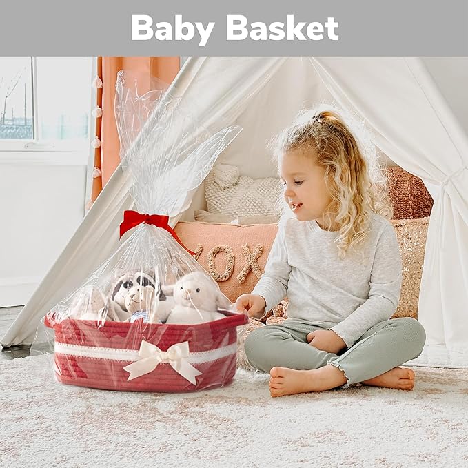 CHICVITA Small Woven Rope Gift Basket,Decorative Christmas Basket, Red | 13" x 10" x 5", Toys, Towels, Baby Essentials & Party Supplies Organizer, Shelf & Living Room Storage, Built-In Handles