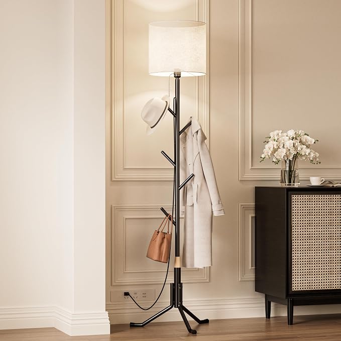 Freestanding Coat Rack Stand with LED Light, Metal Standing Floor Lamp, Hall Tree Clothing Hat Purse Bag Scarves Hanger with 5 Hooks for Bedroom, Hallway, Entrance, Entryway Office Organizer Furniture