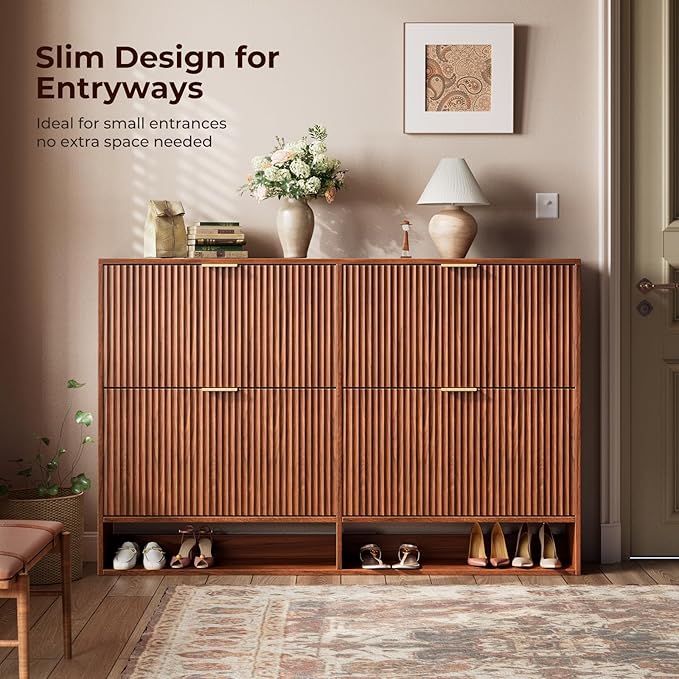 Evermagin 47.2''W Walnut Shoe Cabinet Storage for Entryway, Fluted Slim Shoe Dresser with 4 Flip Drawers, Narrow Shoe Rack Cabinet, Hidden Shoe Organizer Cabinet for Entrance, Hallway