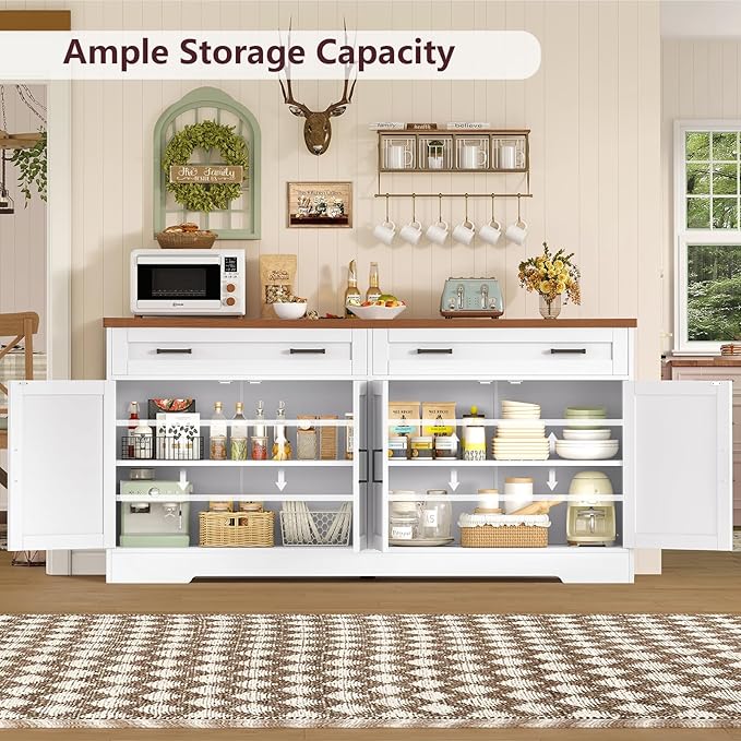 usikey 63" Buffet Cabinet with Storage, Large Sideboard Buffet Cabinet with 2 Adjustable Shelves and 4 Doors, Modern Farmhouse Coffee Bar for Kitchen, Living Room, White