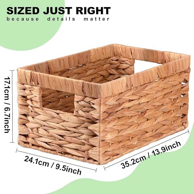 Handwoven Wicker Storage Basket with Built-In Handles - Decorative Rectangle Organizer Bin for Shelves, Closet, Bathroom, Kitchen & Living Room - Durable Eco-Friendly Storage Solution (Large 1-Pack)