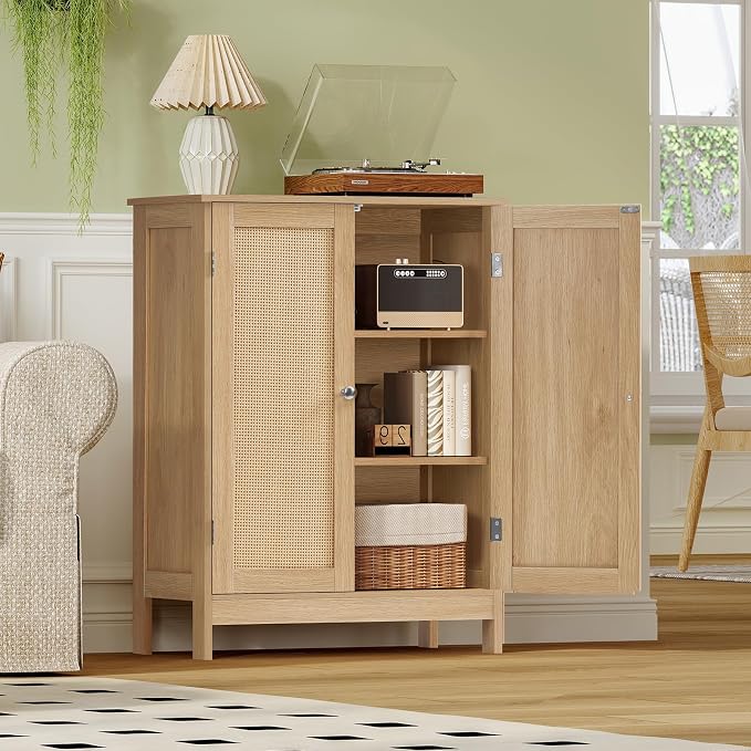 Iwell Storage Cabinet, Rattan Cabinet with Adjustable Shelf, for Living Room, Entryway, Kitchen, Home Office, Nature