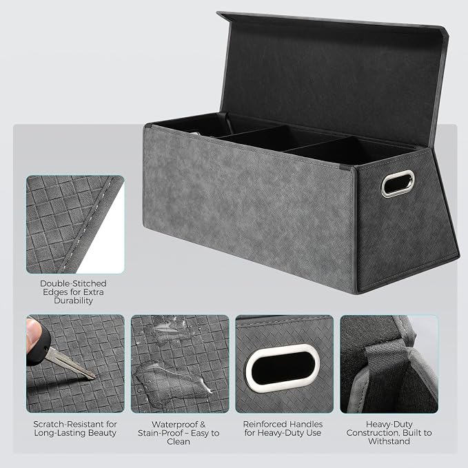 Fyzeoty Car Trunk Organizer for SUV and Sedan, Trapezoidal-Grey, 29.5 in | Tailored for Rear Seats, Silky Crosshatch Vegan Leather, XL, Magnetic Lid, Collapsible & Adjustable, Water‑Dust Resist