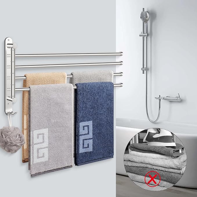 NearMoon Swivel Towel Rack, 19.5" Thicken 304 Stainless Steel 4-Arm Towel Bar, Space Saving Wall Mounted Towel Holder with Hook, Rustproof Swing Out Towel Hanger for Bathroom, Kitchen (Matte Black)