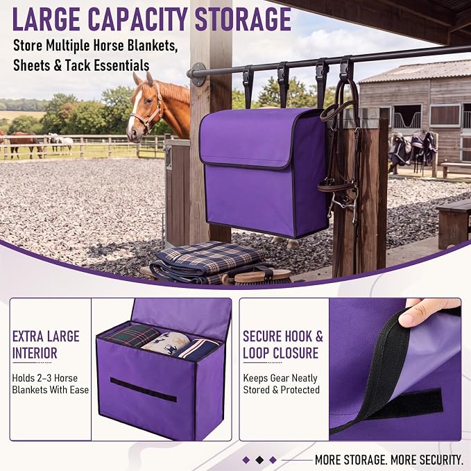 Horse Blanket Storage Bag for Fly Sheets,Purple,23 x 19 x 9 in | 600D Waterproof Oxford Tack Organizer, Heavy Duty Hanging Horse Blanket Holder, Stall Front Storage Bag for Horse Blankets
