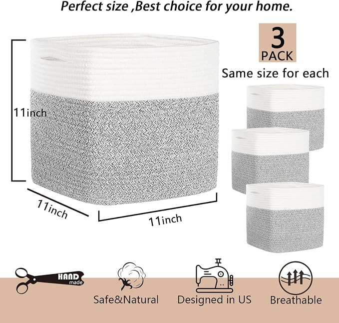 COMFY-HOMI 3PACK Cotton Rope Square Basket with Handles for Shelves|Dog Toy Bin and Storage|Baby Gift|Shoe Organizer|New 11" x 11" x 11" for Living Room