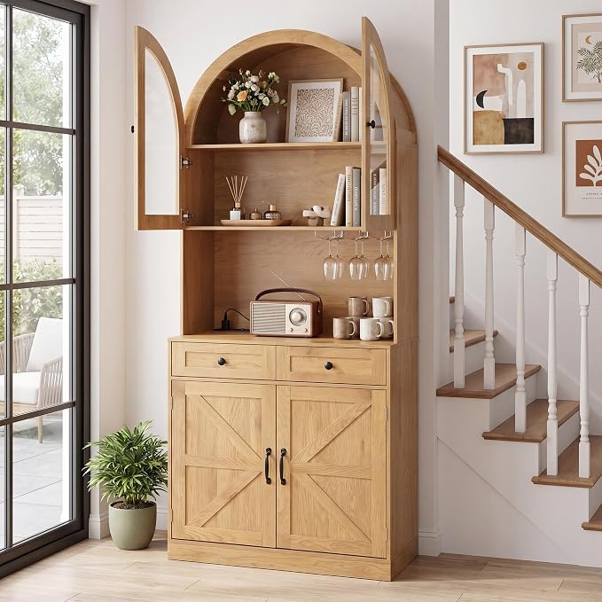 Merax 75" Tall Bookcase,Arched Pantry Cabinet with Adjustable Shelves | Farmhouse Bookshelf Coffee Bar with Charging Station Open Countertop for Office,Kitchen,Dining Room,Living Room,Oak