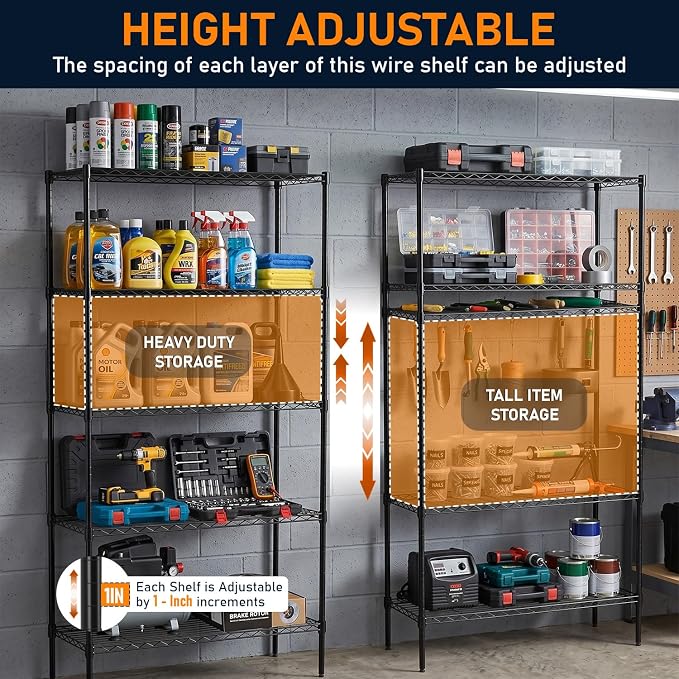 FDW | 5-Tier Wire Shelf | 36" x 14" x 72" | Black | Storage Shelves with Adjustable Racks, Holds upto 1250 lbs | Rust-Resistant, No-Tool Assembly | For Home, Garage