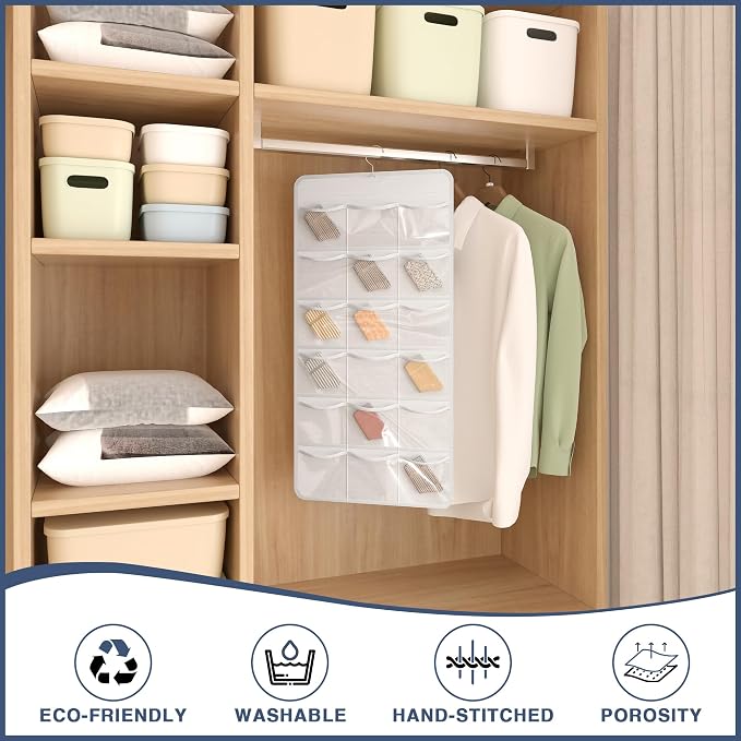 26-Pocket Hanging Closet Organizer for Socks and Underwear, White | Non-woven clear compartments keep bras & leggings visible; swivel hook fits wardrobe, closet rod, wall, door or shelves.
