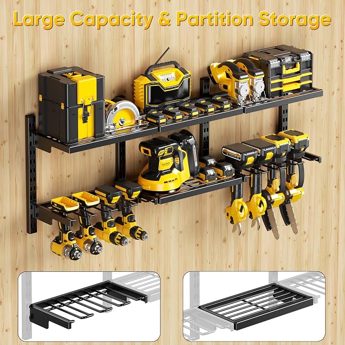POKIPO Large Modular Power Tool Organizer Wall Mount With 6 Adjustable Shelf, Heavy Duty Iron Tool Storage Rack Loads 300lbs with 8 Cordless Tools Drill Holder,Battery Utility Rack for Garage Workshop
