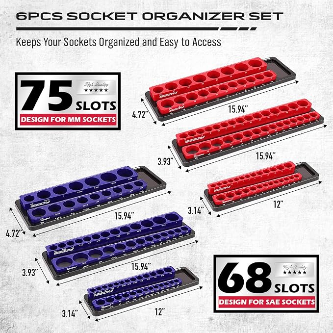 8-Piece Magnetic Socket and Wrench Organizer Set, Metric & SAE, 1/4", 3/8", 1/2"Drive Detachable Socket Storage Tray, 24-Slot Wrench Holder with Non-Slip Handle & Lock Cover for Toolbox Drawer Storage
