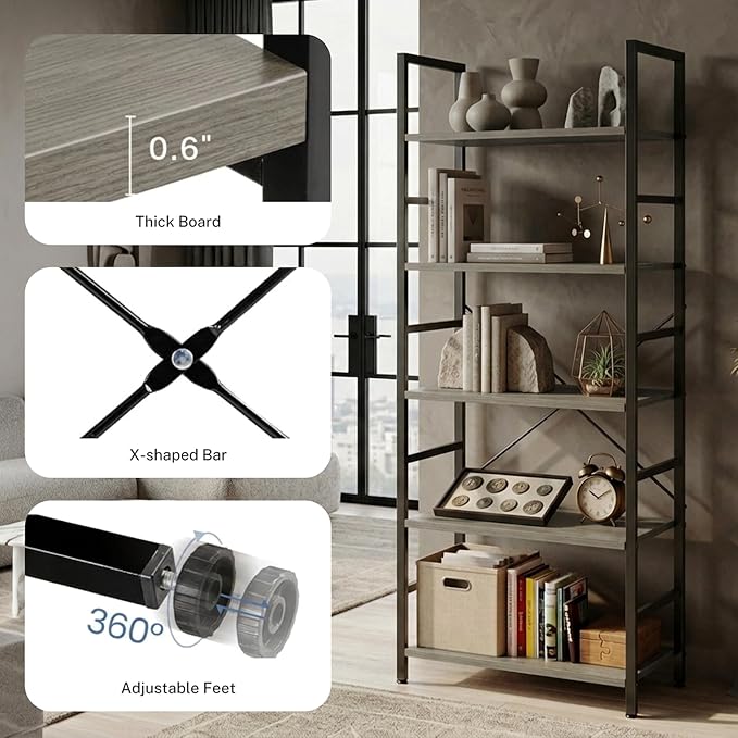 HealSmart 5 Tier Bookshelf, Free Standing Book Shelf Home Office Bookcase Shelf Storage Organizer for Bedroom, Bathroom, Living Room, Office, Balcony, Gray Wood