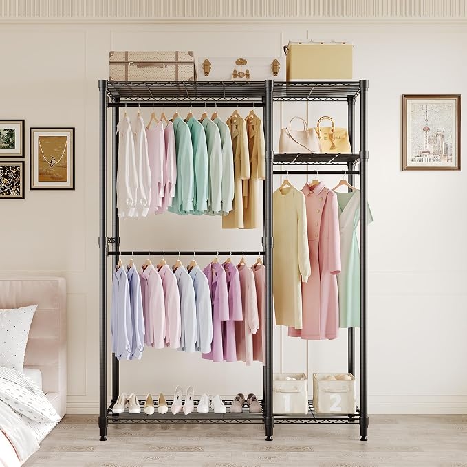 Freestanding Clothes Rack for Hanging Clothes, Heavy Duty Garment Rack Loads 700LBS with 3 Hanging Rods and Adjustable Wire Shelves, Portable Closet Wardrobe Organizer, 76.5"H x 41.6"L x 15.5"W, Black