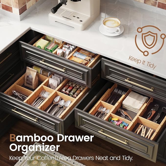 Bamboo Drawer Dividers 4 Pack with Inserts, Kitchen Adjustable Drawer Organizers for Home, Bedroom, Dresser, Expandable Organization 4 Dividers with 8 Inserts