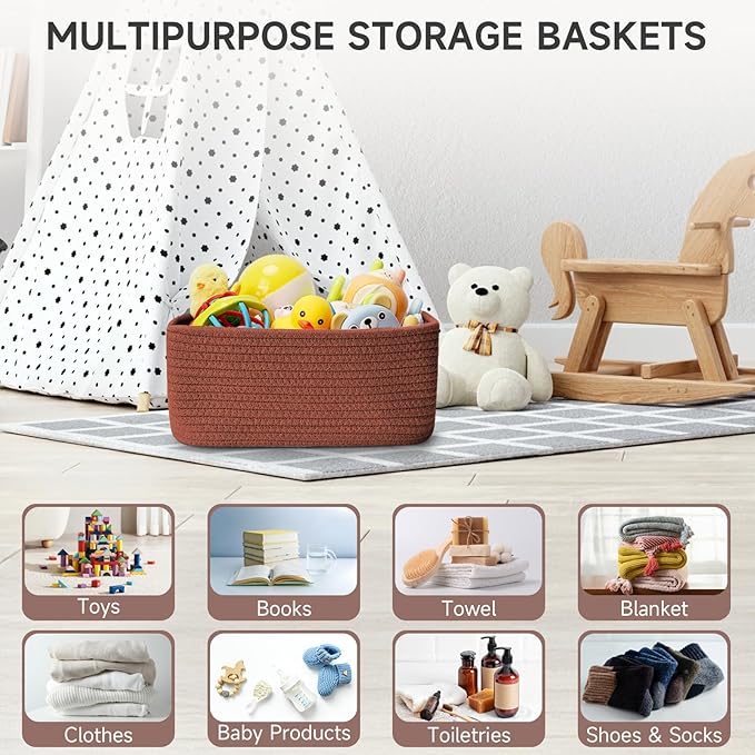 3-Pack Shelf Baskets for Organizing, Closet Organizer Bins, Small Woven Baskets, Rope Toy Basket, Storage Basket for Shelves, Cube Decorative Box, 11.8×7.8×5.1”, Oxide Red