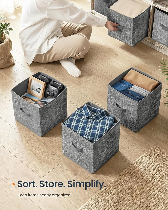 SONGMICS HOME Foldable Storage Cubes Set of 8, Fabric Shelf Organizer Bins with Handles, Closet Storage Boxes for Clothes, 10.4 x 10.4 x 11.2 Inches, Gray