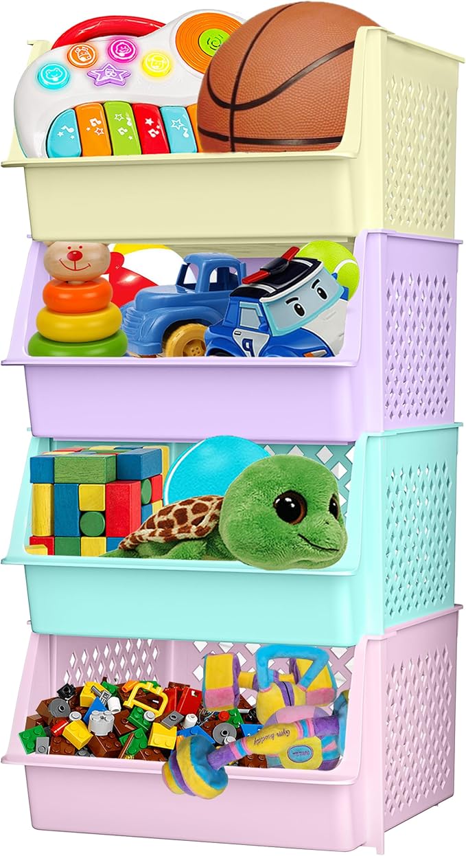 Large Stackable Storage Bins Open Front for Pantry Storage, 4 Pack - Multi | Sturdy Plastic, Easy Stacking, Open Front Access, Ventilated Sides, Vertical & Space Saving Pantry Organizers and Storage Bin