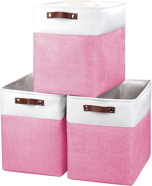 Bagnizer Large Fabric Storage Baskets | 50L Storage Bins, Decorative Linen Closet Baskets with Handles for Organizing, Shelf, Toys, Clothes, Home, Office, Nursery, 17x12x15Inches (Pink&White)