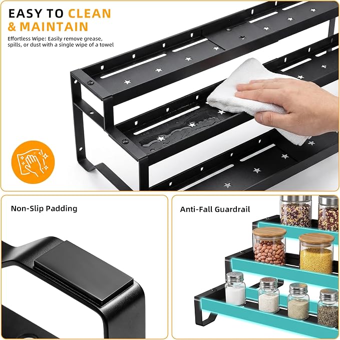 2 Pack Spice Rack Organizer for Cabinet, 13-21.5" Expandable Spicy Shelf | 9.45" Wide 3-Tier Black Metal Seasoning Organizer, Kitchen Spice Organization, Slip-Resistant Guardrails for Jars and Cans