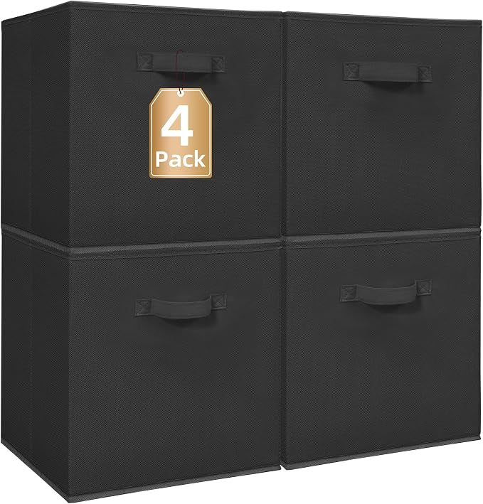 STORAGE MANIAC Storage Cubes, 13 Inch Collapsible Storage Bins with Handles, 4 Pack Fabric Foldable Bins for Organization, Durable Storage Bins for Closet, Shelves, Offices, 4-Pack Black