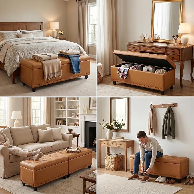 Tbfit 50.8" Large Storage Ottoman Bench with Button-Tufted Top, Blue PU Faux Leather End of Bed Chest with Safety Hinge and Rivets for Bedroom, Living Room (Camel PU)