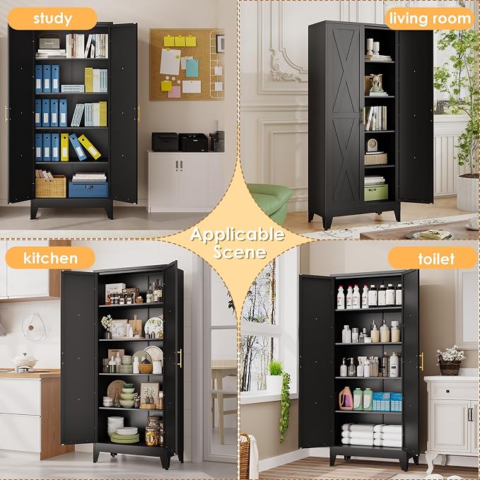 71" H Metal Kitchen Pantry Storage Cabinet, Freestanding Cupboard with 2 Doors and 4 Adjustable Shelves, Standing Storage for Kitchen, Bathroom, Garage, Dinning Room or Utility Room（Black）