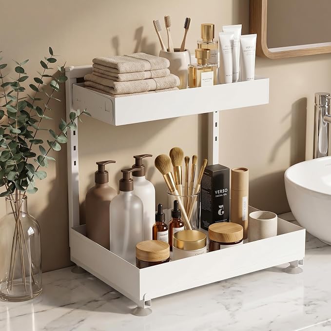 Under Sink Organizer, Bathroom Counter Organizer, 2 Packs 2-Tier Metal, Under Cabinet Storage, Makeup Storage, Adjustable Height & Slide-Out Drawer for Kitchen Bathroom, White