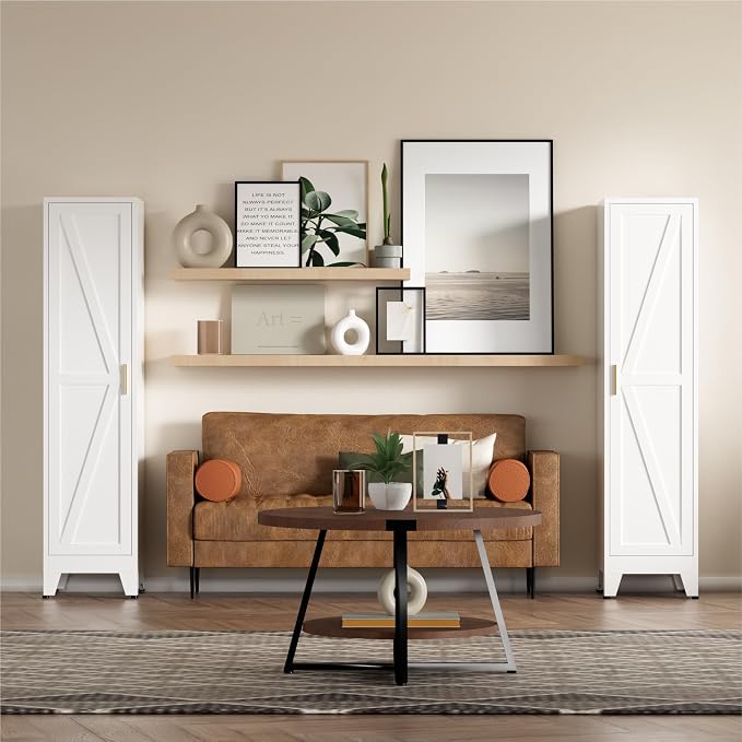 COFaR Tall Bathroom Storage Cabinet, Metal Farmhouse Narrow Slim Cabinet with Adjustable Shelves Barn Door for Bathrooms, Kitchens, Entrances Living Room (White)