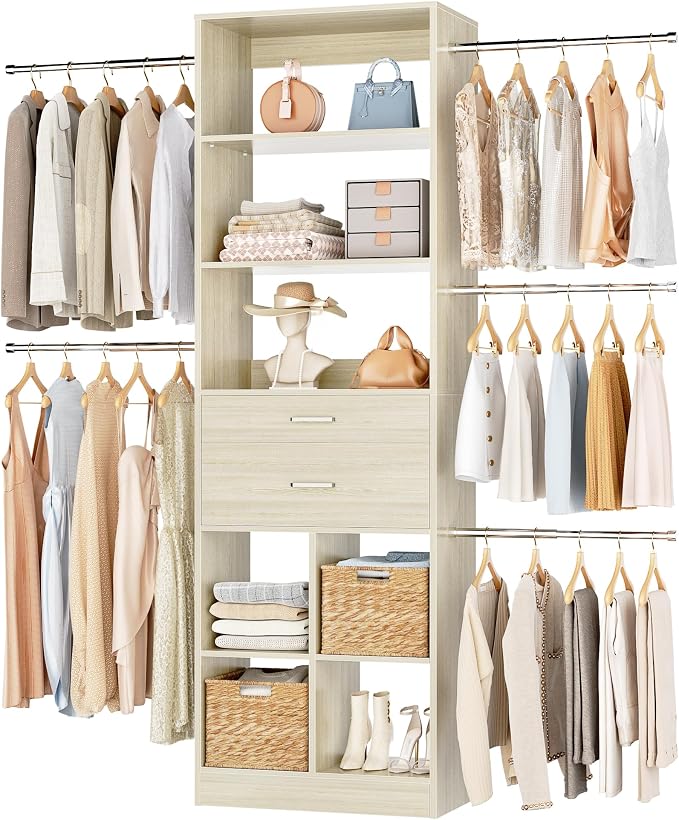 Besiost Small Closet System, 3.2-6.8FT Small Closet Organizer with 5 Hanging Rods, Can Fit 37.5 to 81.9 inch Walk-in Closet System, Built-in, Greige Oak, Enclosed Storage Volume 2.32 ft³
