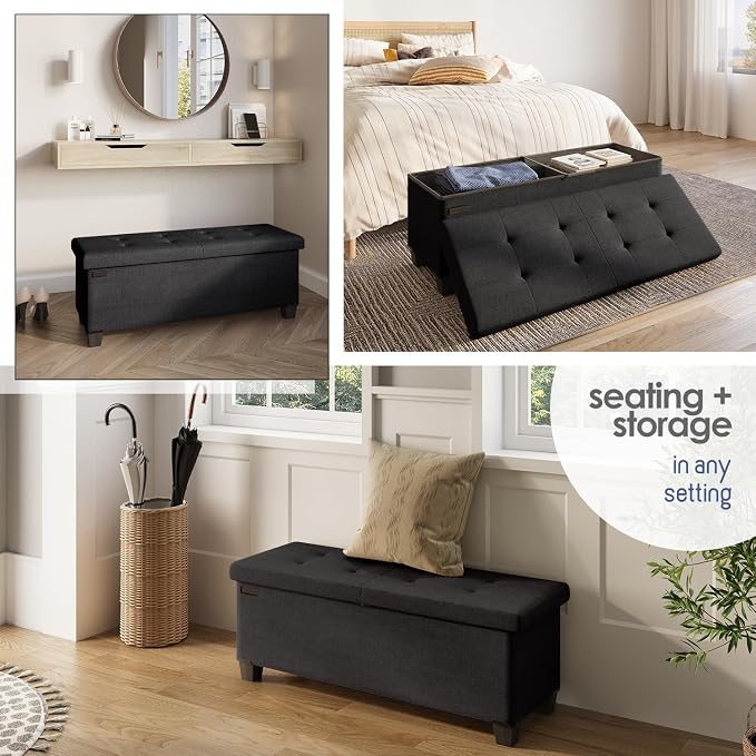 Storage Ottoman Bench with Bins, 43-in Storage Bench for Bedroom End of Bed, Folding Foot Rest Ottoman for Living Room Max 660lbs, Fabric Ottomans, Black