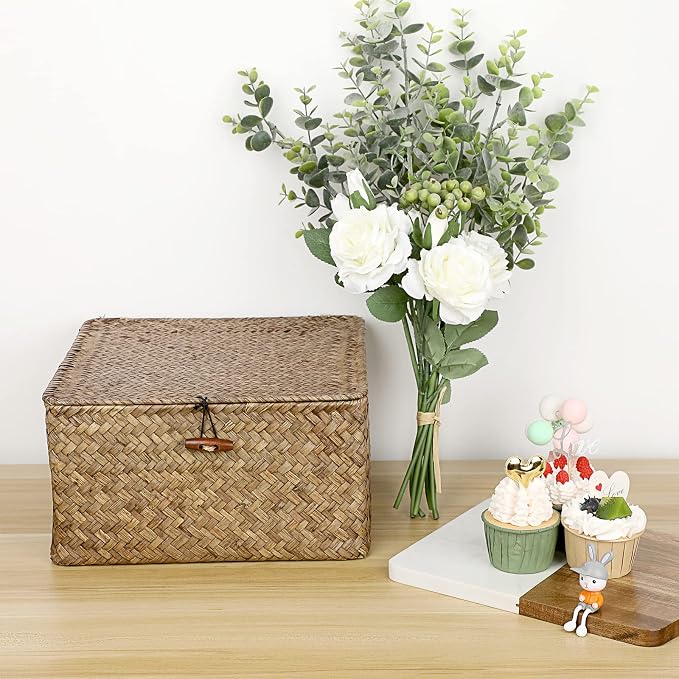 Hipiwe Wicker Shelf Baskets Bin with Lid Handwoven Seagrass Storage Basket Container Square Multipurpose Household Basket Boxes for Shelves and Home Organizer, Coffee Large