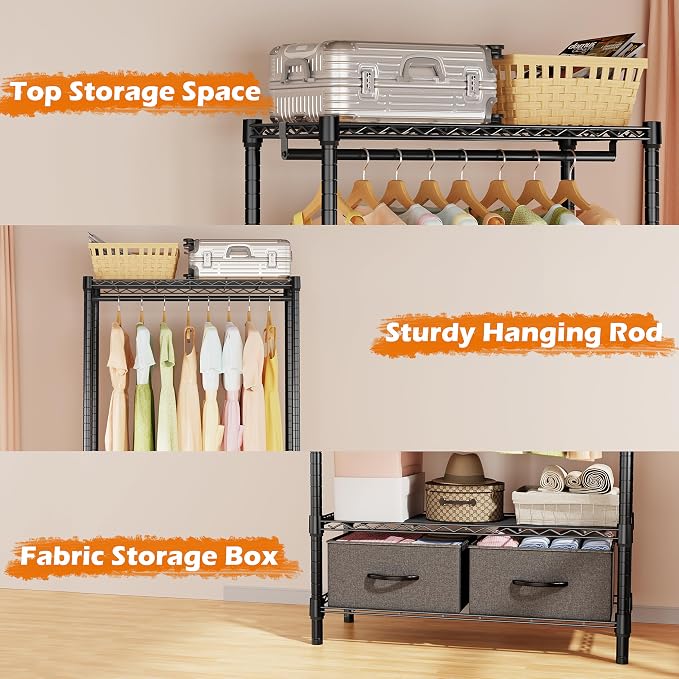 M MZG Heavy Duty Rolling Garment Rack 3 Tiers Adjustable Wire Shelving with Rod, Storage Closet Clothing Rack with Drawers Dark Grey, 15.8" D x 35.5" W x 72.4" H