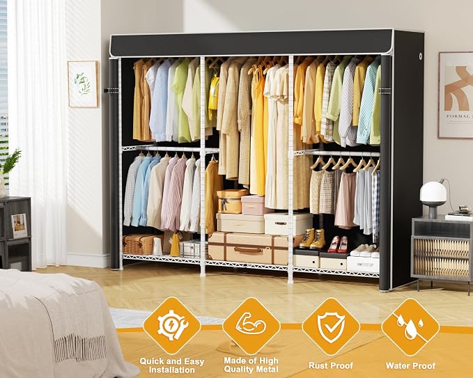 E14C Pro Heavy Duty Closet Organizer System，Freestanding Clothing Racks for Hanging Clothes，Adjustable Garment Rack 69" W × 16" D × 77" H Hold 960 lbs，White Rack with Black Dustproof Cover