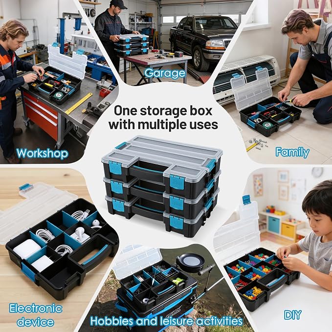 famuka Tool Storage Boxes 3-Pack Small Parts Organizers (Blue) | 10 Compartments with Removable Divides